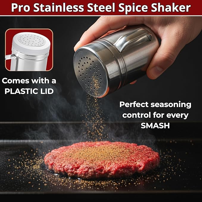 Gamalouยฎ Smash Burger Press Kit: 7โ Cast Iron Flat Press, 3-in-1 Hamburger Maker, 6x5โ Spatula, Dredge Shaker & 100 Patty Papers for BBQ, Blackstone Griddle, Flat Top, Grill & Frying Pan