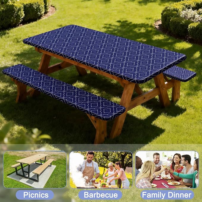 Picnic Table Cover with Bench Covers Windproof Waterproof Picnic Table Covers Camping Tablecloth with Self-Storage Bag, 72in, Dark Blue