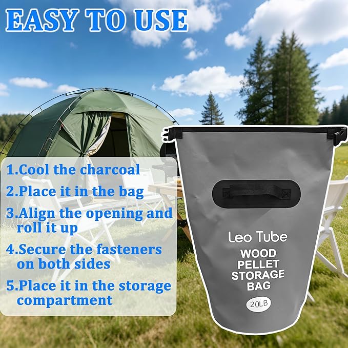 Heavy-Duty Wood Pellet Storage Bag, 20LB Waterproof Smoker Bag - 500D PVC Outdoor Storage Container with Buckle Seal, Label Pocket & Handles for BBQ, Grill, Pellet Smoker (Grey)