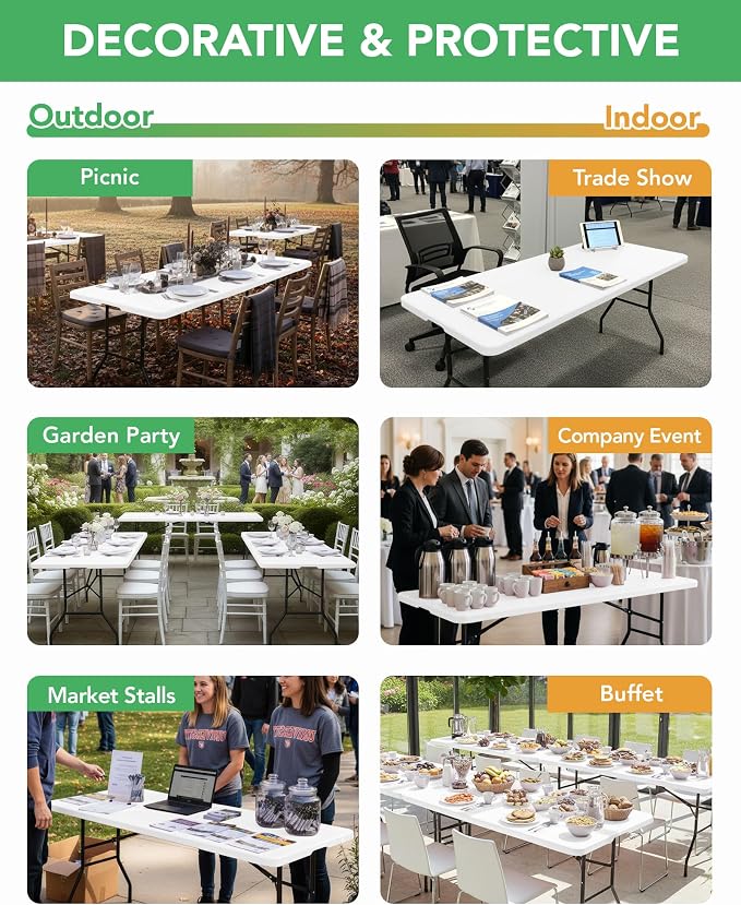 Fitted Tablecloth Rectangle Table Cloths with Elastic, 8 ft, White, 8 Pack | For Outdoor Picnic Camping Party 8 foot Folding Spandex Table Covers, Water-Resistant, Windproof, Reusable, 96"L x 30"W