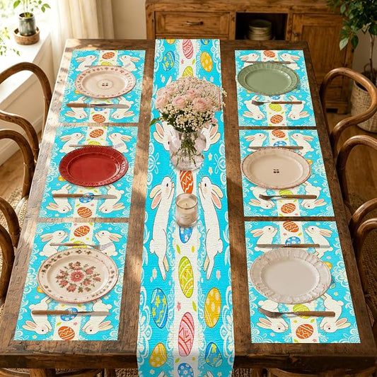 Nuxovilar Tablerunner and Placemats Set of 7 Blue Pattern Easter Bunny & Egg Design Linen Square Placemats for Dining Dining Sets and Accessories Easter Party, Family Meal, Kids