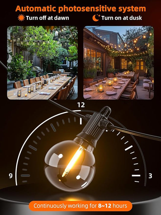 Kawaya 100FT Solar Outdoor String Lights, USB Charging & Solar Powered, IP65 Waterproof Shatterproof Edison Hanging LED Lights for Patio Garden Porch Fence Camping Party