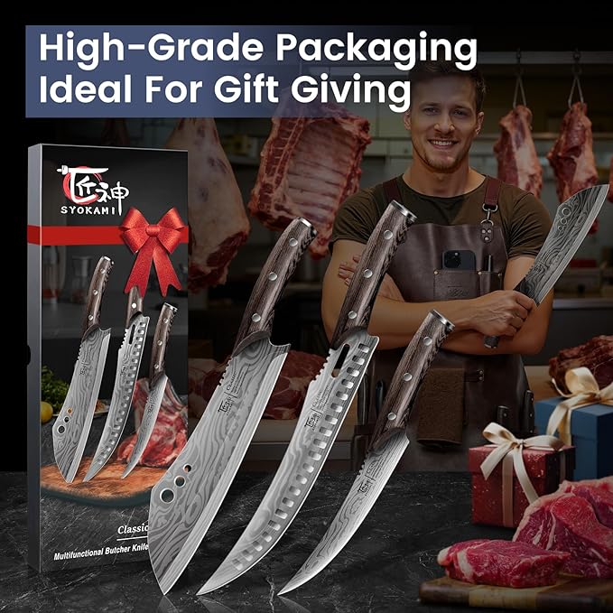 SYOKAMI Butcher Knife Set, 3 PCS Kitchen Knives Set for Cutting, Meat Cleaver Chef Knife Set, Japanese Style High Carbon Steel Knives Set, Chopping & Slicing & Boning for Home and BBQ, Ideal for Gift