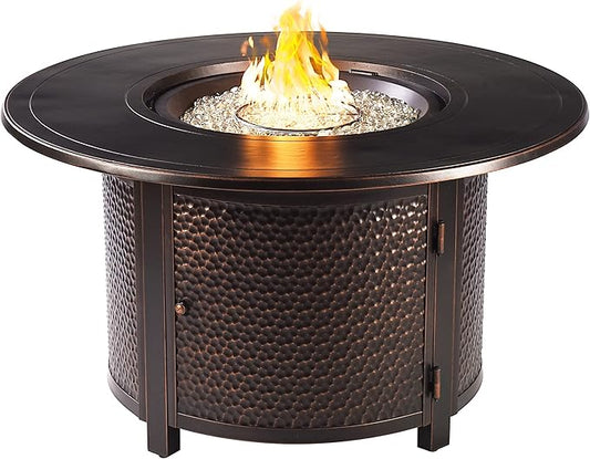 Oakland Living Aluminum 44 in. Round Fire Table Set Four Deep Seating Swivel Rockers, Fire Beads, Lid and Fabric Covers