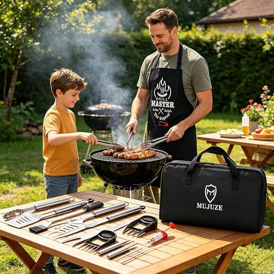 MUJUZE BBQ Grill Accessories Set,Grill Accessories Gifts for Fathers Day,BBQ Grill Sets for Men,31PCS Grilling Gifts for Men,Grilling Accessories with Apron for Dad,Barbecue Tool Sets