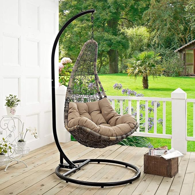 Modway Abate Wicker Rattan Outdoor Patio Porch Lounge Swing Chair Set with Stand in Black Mocha