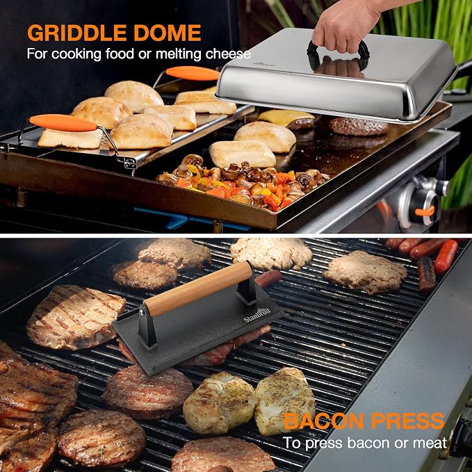 Stanbroil Melting Dome & Grill Press Kit Stainless Steel Basting Cover | Cheese Melting Dome with Cast Iron Burger Bacon Press for Flat Top Griddle Grill Indoor/Outdoor