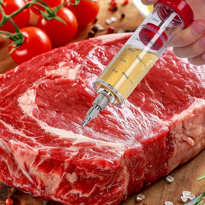 Meat Injector Syringe, Premium Meat Injector Kit - 3 Stainless Steel Meat Needles, Plastic Turkey Injector with Pastry Brush, 1oz Food Injector for Meat with Cleaning Brush, Easy to Use & Clean
