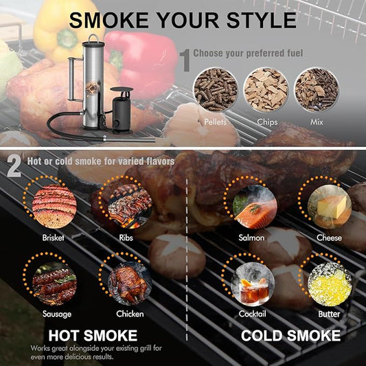 LAZYFOX Smoke Generator for Pellet, Portable Cordless Electric Outdoor Smoker Tube, Wood chips or mix, Hot or Cold Smoking Backyard BBQ, Fit Any Grill or Smoke