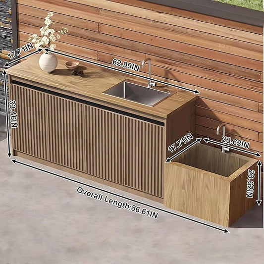 87IN Outdoor Kitchen Cabinet - Kitchen Cabinet with Countertop Includes Stripe Design & Mop Pool,Outdoor Table with Aluminum Alloy,Stainless Steel Sink and Slate Countertop,Hidden Handle