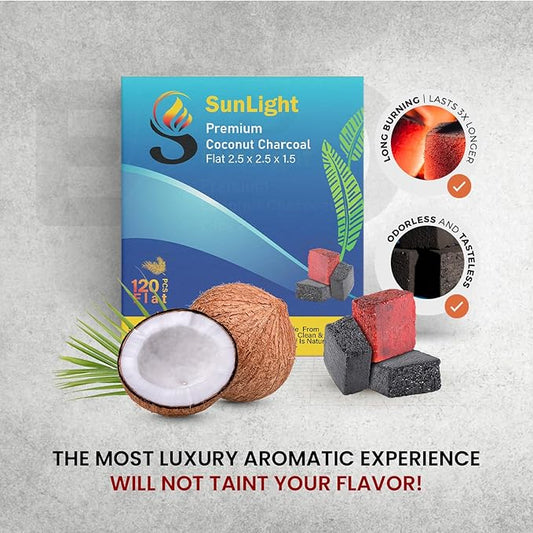 Sunlight Premium Coconut Charcoal Flats- 120 Half Cubes (1.25MM)- Long Lasting Natural Coco Charcoal - Zero ASH - Low Odor - 1.25MM Flats- Long Lasting - Full Burn