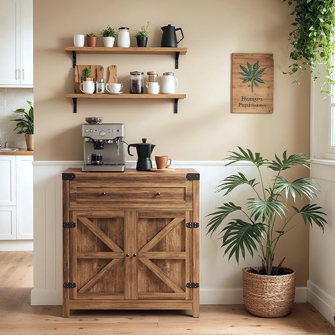 YESHOMY Kitchen Storage Coffee Bar Accent Cabinet, Brown&Rustic, 1PCS | Farmhouse Sideboard Buffet Cabinet, Large Drawer and Adjustable Shelf, Barn Door Accent Cabinet for Dining Room, Entryway