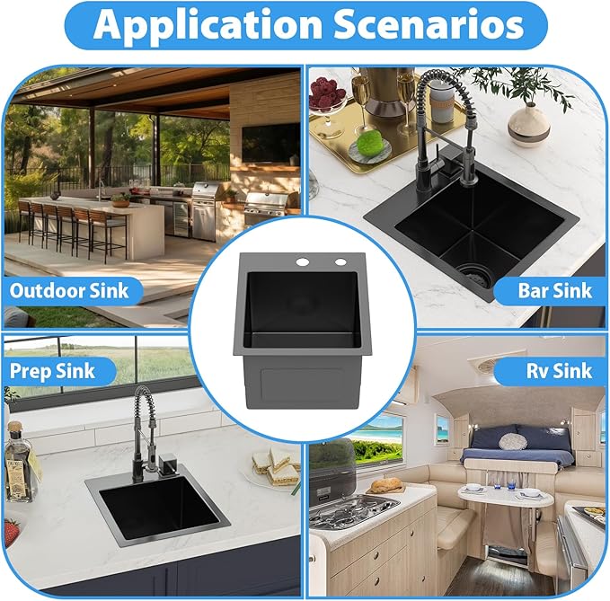 13 In Gunmetal Black Drop Bar Sink 13 x 15 Inch Kitchen Sink 18 Gauge Stainless Steel Single Bowl Topmount Handmade Sink for Outdoor, RV, 13x15x9