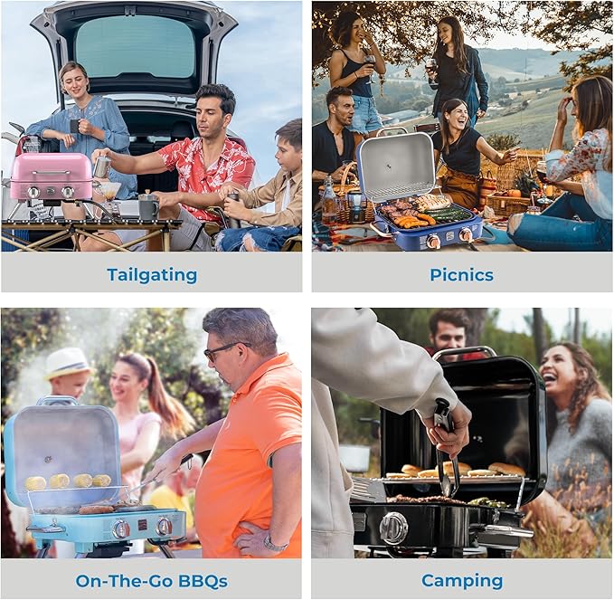 Kenmore Portable Propane Gas Grill - Tabletop BBQ Grill with Warming Rack, 2 Stainless Steel Burners with 14,000 BTUs, for Outdoor Kitchen, Camping, Red