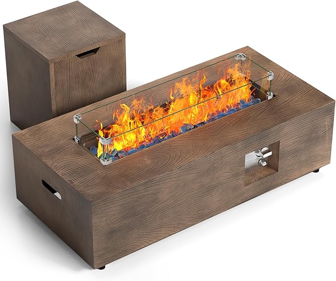 SUNPEAK 42" Rectangular Propane Fire Pit Table 50,000 BTU Fireplace Table with Wind Guard, Lid, Rocks and Cover - Fire Pits & Outdoor Fireplaces - Gas Fire Pits for Outside Patio (Teak Finish, 42")