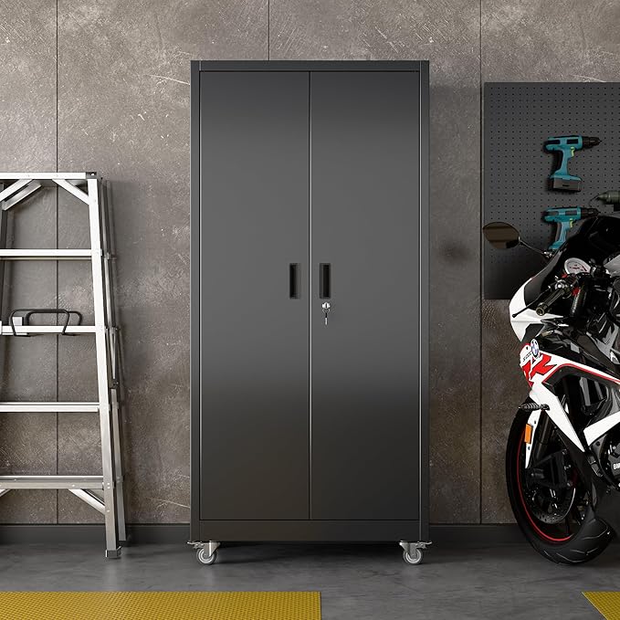 Garage Storage Cabinet with Wheels & Pegboard Doors, Lockable Metal Storage Cabinet with 5 Adjustable Shelves for Garage, Home, Black, Assembly Required, 71" H x 34" W x 18" D