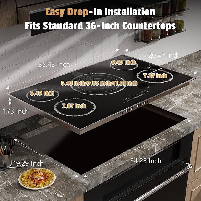 36 Inch Electric Cooktop, 5 Burner Stove Top with Slide Control, 9200W Electric Stove with Child Lock, Timer & Pause Function 36" Glass Cooktop, 220V Hard Wire(No Plug)