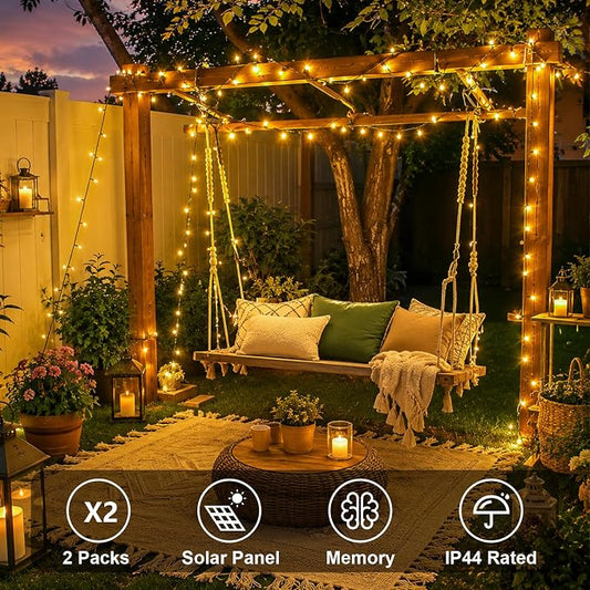 QITONG 2 Pack Warm White Solar String Lights Outdoor Waterproof, Each 33ft 100 LED Solar Christmas Lights, 8 Modes Green Wire Solar Twinkle Tree Lights for Outside