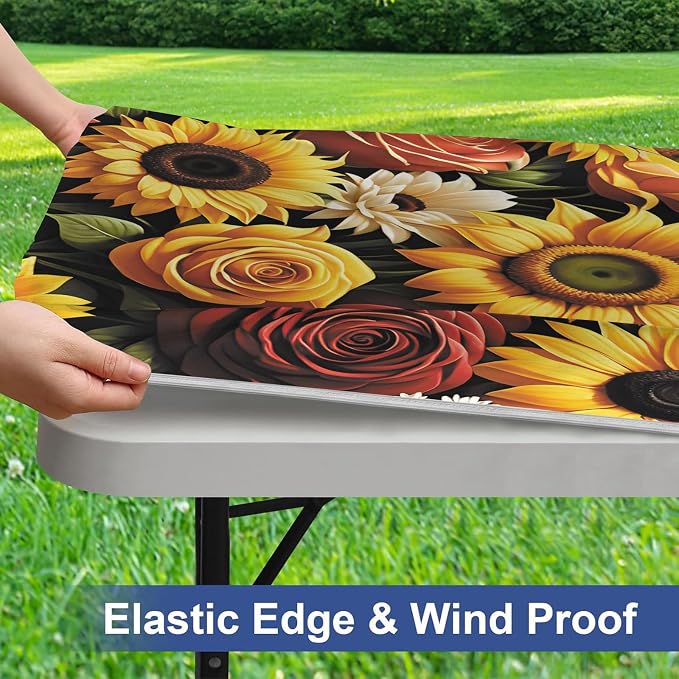Irisbell Picnic Table Cover with Elastic Edge,6FT Wind Proof Wrinkleproof Fitted Tablecloth Cover Camping Beach Patio Rectangle Table Cloth for Indoor Outdoor (Sunflower, 30'' x 72'')