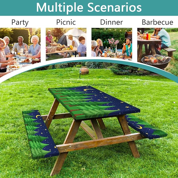 JAWO Camping Picnic Table Cover Set with Bench Covers Green Pine Tree Forest Tablecloth Fitted Picnic Table Cover with Elastic Windproof and Waterproof Fabric, Camping Accessories Patio & Outdoor