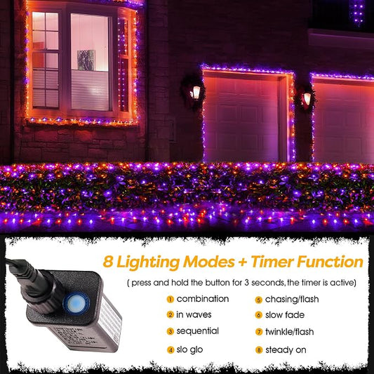 BlcTec Halloween Lights Outdoor 200 LED 8.4ft x 5.2ft Orange Purple Net Lights with 8 Modes, Timer, UL Certified, Connectable, Memory, Waterproof for Lawn, Trees, Bushes Outdoor Halloween Decorations