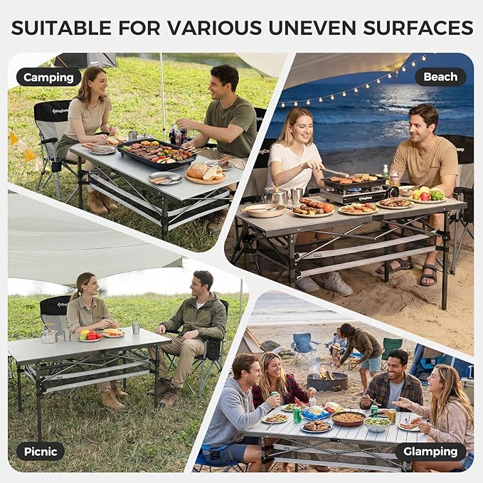 KingCamp Folding Camping Table, Aluminum Roll-Up Camp Table, Large Foldable Table for 6-8 Person, Outdoor Portable Tables with Carry Bag, 180 LBS Heavy Duty Load (Silver+Mesh:53.5" × 27.5")