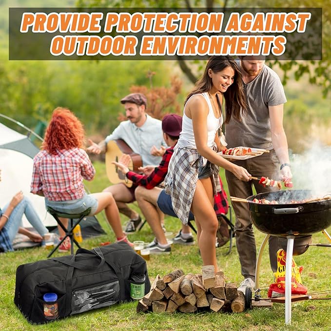 24" Grill Tool Storage Bag, Heavy Duty Waterproof BBQ Tools Bag, 24" x 8" x 8", Large Grill Utensil Storage Caddy with Pockets, BBQ Accessories for Outdoor Barbecue, Camping, Hiking(Black)