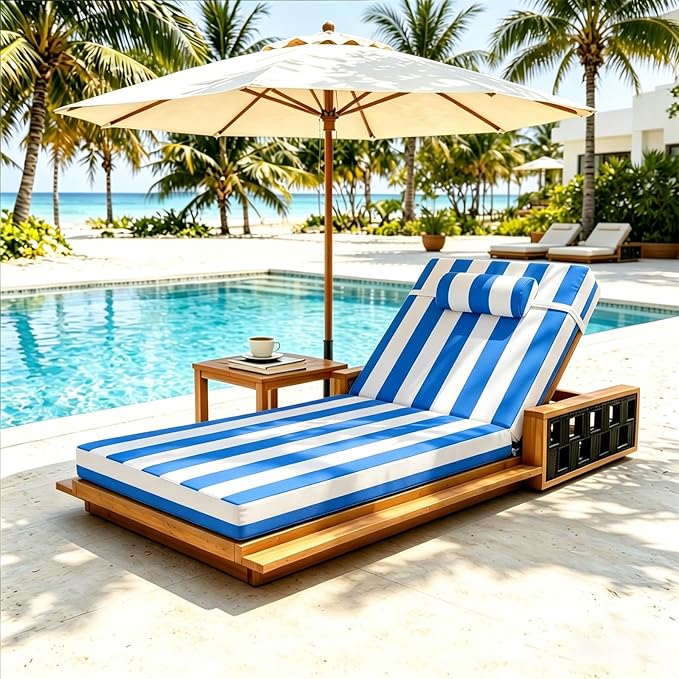 Chaise Lounge Cushion for Outdoor Furniture, Waterproof, Fade-Resistant and Tear Resistant, Patio Lounger Pads with Removable Cover for Pool, Deck, Lawn, 72x21x4 Inch, Blue & White Stripe