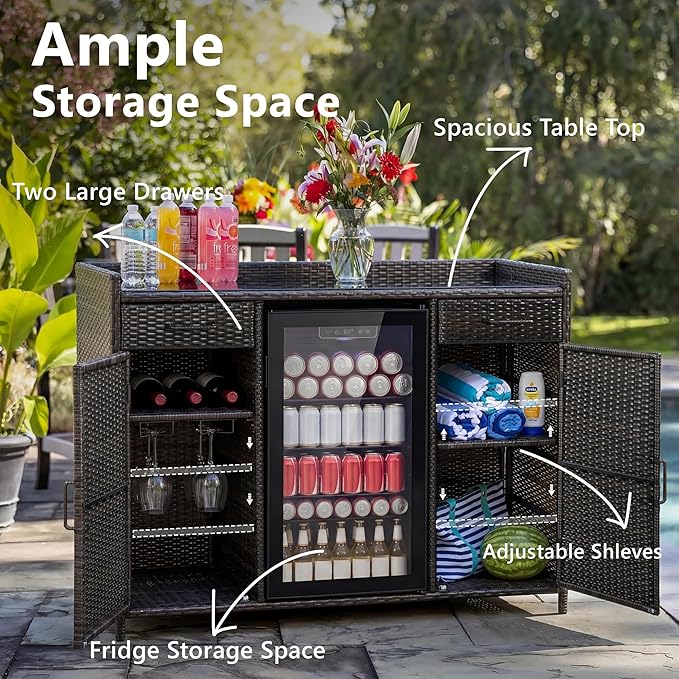RUNNA 53.5" W Outdoor Wicker Storage Cabinet with Fridge Space,Weatherproof Outdoor Mini Fridge Bar Cabinet with Adjustable Shelves & Drawers for Pool Towel Storage,Garden,Kitchen (Black+Brown#64)