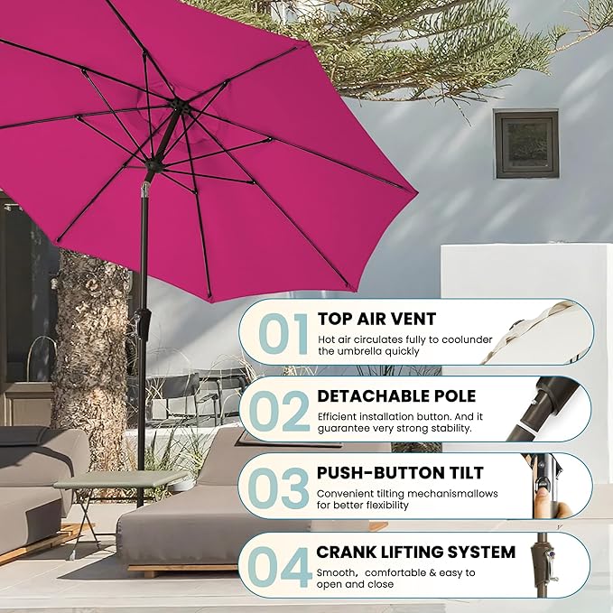 9FT Large Outdoor Patio Umbrella Pool Market Umbrella-UV Resistant, Easy Push Button Tilt and Crank, 8 Sturdy Ribs Heavy-Duty Table Umbrella for Deck, Backyard, Garden (Pink)