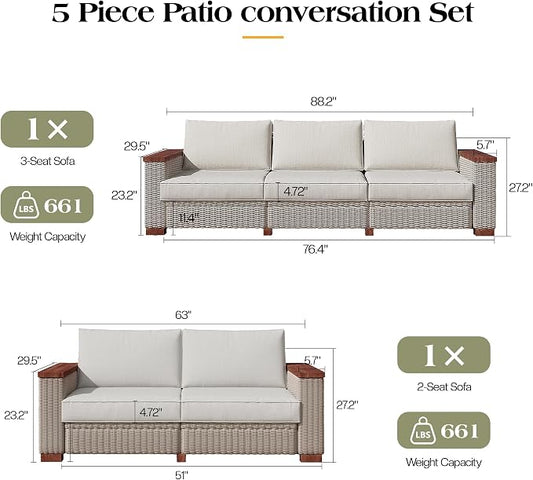 PaPaJet 5-Piece Wicker Patio Furniture Set with Solid Wood Armrest, Outdoor Patio Set with Thick Legs, UV-Resistant Modular Outdoor Sectional Sofa for Backyard, Porch, Garden