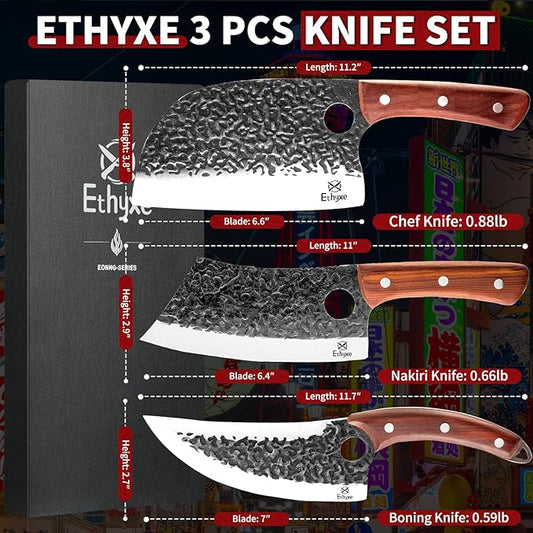 Butcher Knife Set – 3PCS Hand Forged Kitchen Knife Set with Serbian Chef Knife, Viking Boning Knife & Meat Cleaver, High Carbon Steel for Meat Cutting, Outdoor BBQ, Camping, Gift for Men