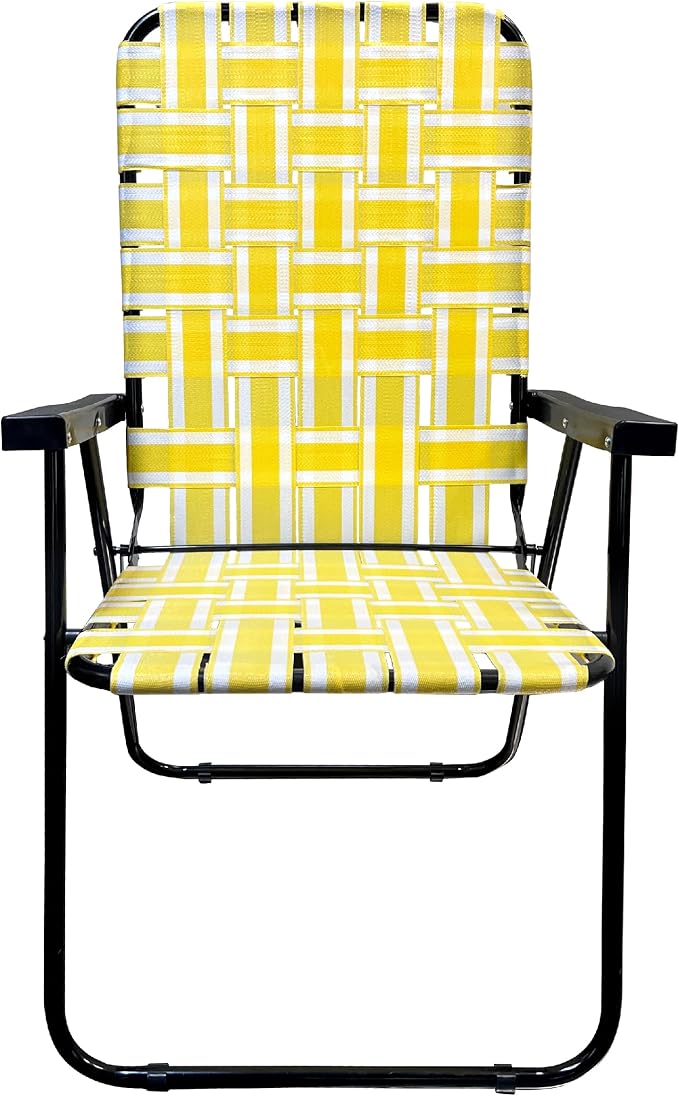 Lawn Chair Folding Steel Webbing Chaise Patio Lounger Seat Wood Handles Great for Camping, Beach, Fishing, Backyard, Stadium, Pool, Boating, and Sports 4 Pack Yellow Stripes