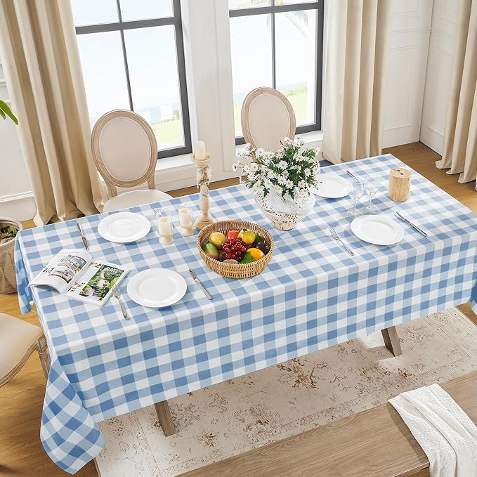 Softalker Gingham Checkered Tablecloth Rectangle - Outdoor Waterproof Buffalo Plaid Table Cloth, Stain Resistant Washable Table Cover for Picnic, Camping, Dining - Light Blue and White, 60 x 84 Inch