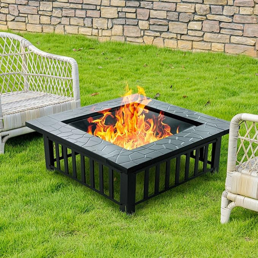 EcoNook 32 inch Fire Pit, Square Outdoor Fire Pit Table with Spark Screen & Fire Poker, 3-in-1 Multipurpose Firepits for Outside, Fireplace for Yard, Garden, Patio