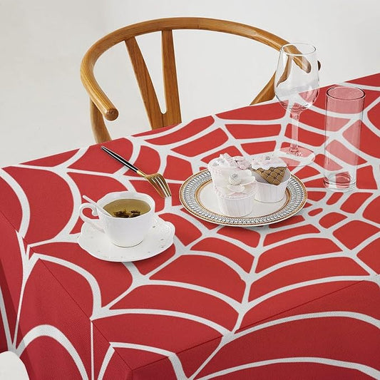Spider Web Hero Tablecloth, White Spiderweb Red Cobweb Water Resistant Wipeable Table Cover for Picnic Party Holiday Kitchen Dinner Table 55"x55"