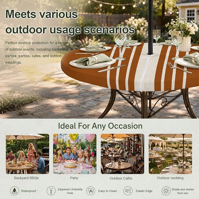 Outdoor Fitted Tablecloth with Umbrella Hole and Zipper, Burnt Orange Beige Striped Elastic Round Patio Table Cover, Farmhouse Retro Lines Modern Table Protector for Backyard BBQ Party 31''-35''