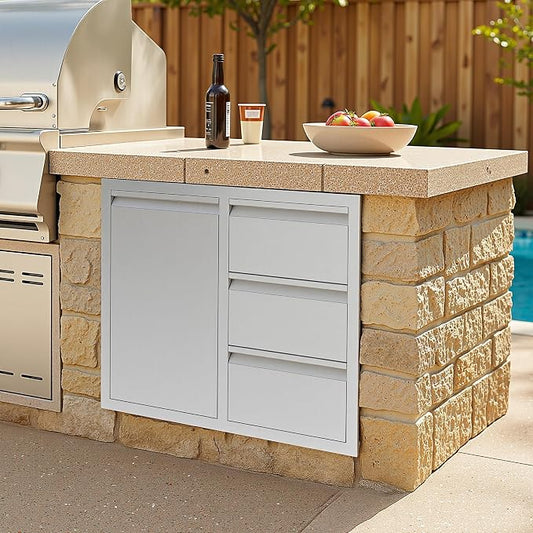 Jocisland 28-Inch Stainless Steel Outdoor Kitchen Drawer Cabinet | 28 W x 20 D x 23 H In, 3-Tier Cabinet and 3-Drawer Combo, Built-In BBQ Island Storage