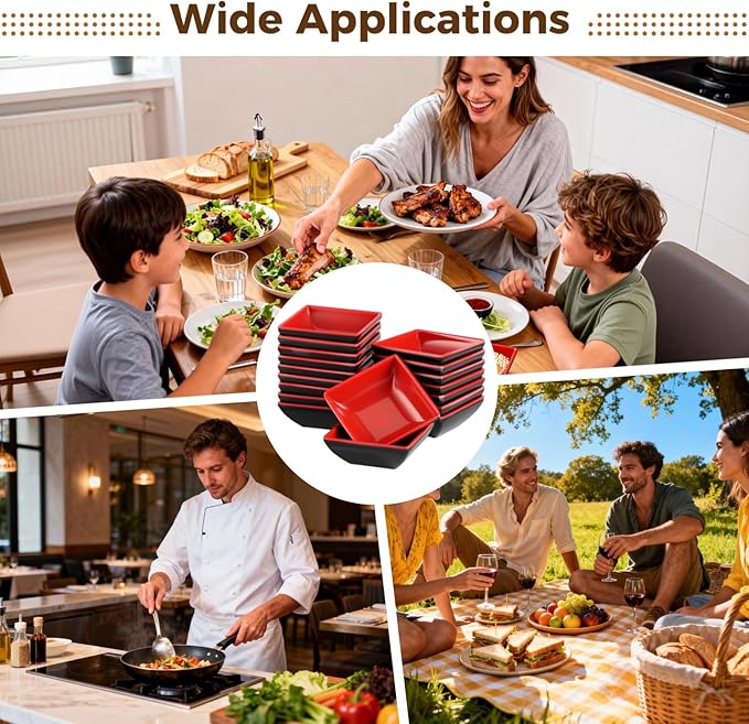 30-Piece Black & Red Square Plastic Dipping Bowl Set, 2.91 in Stackable Soy Sauce Dishes with Square Design for Kitchen & Restaurant, Easy to Clean & Long-Term Use