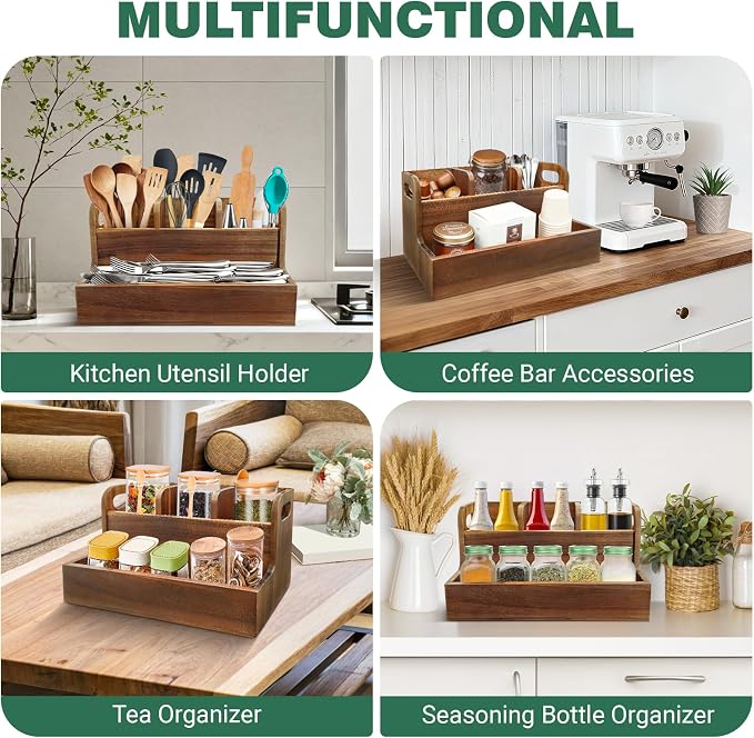 Kitchen Utensil Holder for Countertop with 3 Compartments,Acacia Wood Utensil Holder Cooking Spatula Organizer Large Cutlery Organizer for Kitchen Countertop Farmhouse Kitchen Decor