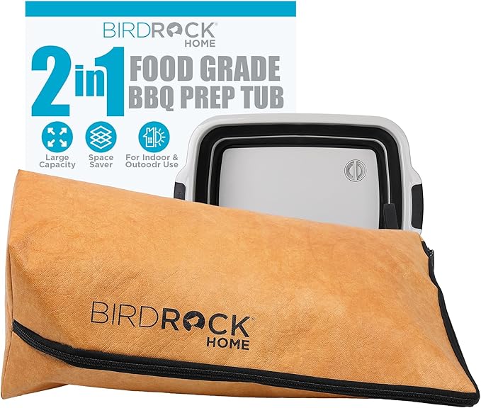BIRDROCK HOME Collapsible Large BBQ Prep Tub & BBQ Resting Bag - Multi-Function Grill Caddy w/Colander & Lid, Portable Silicone Dish Bowl for Picnic, Tailgate, Camping