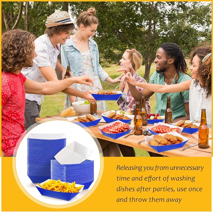 100 Pcs 2lb Paper Food Trays Boat Nacho Boats for Hot Dogs, Blue | Grease-Resistant, Disposable Kraft Paper Boat for Tacos Concession, Food Trucks, Birthday, Wedding, Christmas, Halloween