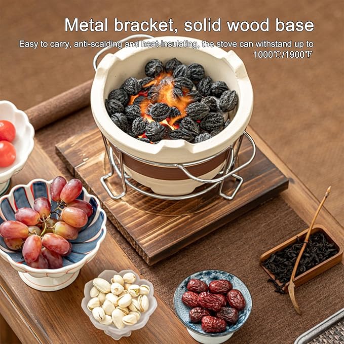 Clay Grilling Stove, Clay Charcoal Stove, Portable Barbecue Stove, Tabletop Clay Stove, Tea Making Charcoal Stove, with Metal Rack, Wooden Base, Metal Grill Pan, Outdoo,