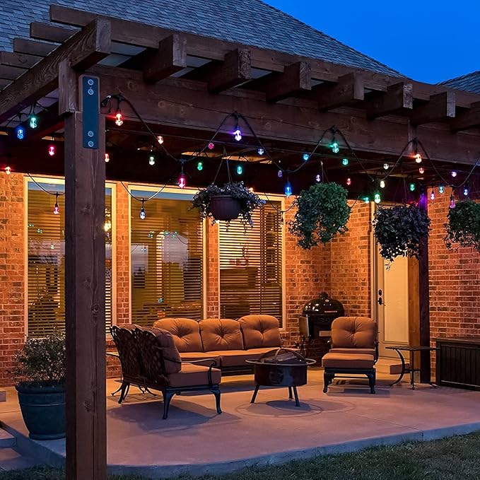 Commercial Grade 48FT LED Outdoor String Lights with Remote Control - 15 Shatterproof Bulbs Waterproof Color Changing Christmas Lights, Dimmable for Patio, Garden, Wedding Decor