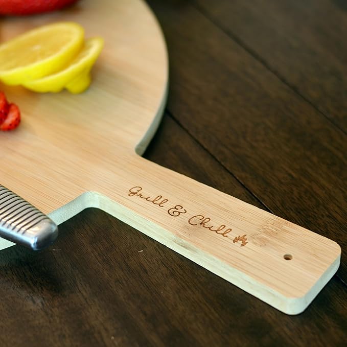 Chill and Grill Cutting Board, Paddle Shaped, Bamboo, Embellished Handle, Usable on Both Sides, Over 1 Foot Long, 14.5 x 10.25 Inches