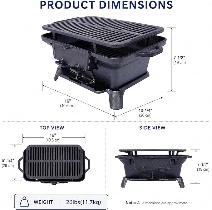 Cast Iron Hibachi Grill Outdoor, Japanese Yakitori Grill for Camping, Small Portable Charcoal Hibachi Grills, Cast Iron, with Double-Sided Grate, for Indoor Outdoor BBQ (1, No handle)