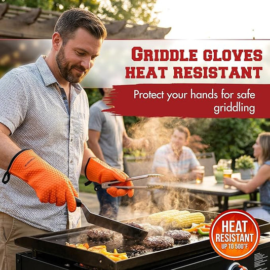 KITCHEN PERFECTION Silicone Oven & Griddle Gloves -Extreme Heat Resistant BBQ & Grilling Gloves -Handle Hot Food Right on Your Griddle |Waterproof Oven Mitts Grill Gloves |Superior Set+3 Bonuses