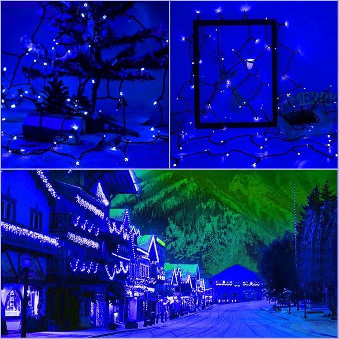 Solar Christmas String Lights, Blue 200Led, Outdoor Waterproof | 2 Pack Total 400Led 144Ft 8 Mode, IP44 Outside Fairy Lights for Tree, Garden, Patio, Lawn, Party, Yard Decorations