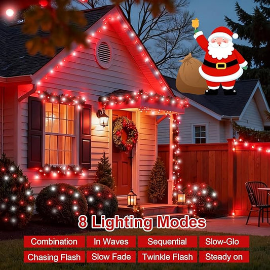 QITONG 2 Pack Red and White Solar String Lights, Each 66ft 200 LED Solar Christmas Lights Outdoor Waterproof, 8 Modes Solar Twinkle Light for Outside
