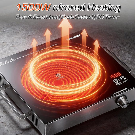 1500W Portable Infrared Hot Plate, Single Burner Electric Cooktop with Knob Control & 3-Hour Timer, Countertop Ceramic Burner with Handle, Works with All Cookware
